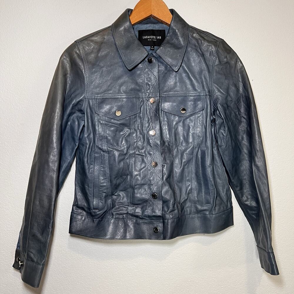 Lafayette 148 New York Leather Jacket Size P XS Blue-Gray Ombre Moto Trucker